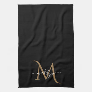 Elegant Black and Gold Monogram Script Name    Kit Kitchen Towel