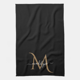 Elegant Black and Gold Monogram Script Name    Kit Kitchen Towel