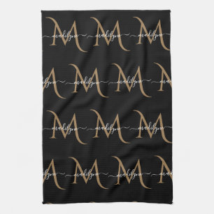 Elegant Black and Gold Monogram Script Name  Kitchen Towel