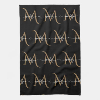 Elegant Black and Gold Monogram Script Name  Kitchen Towel