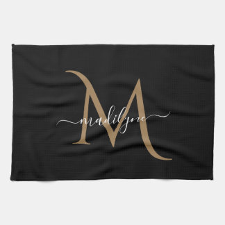 Elegant Black and Gold Monogram Script Name    Kitchen Towel