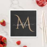 Elegant Black and Gold Monogram Script Name Napk