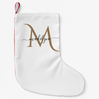 Elegant Black and Gold Monogram Script Name Small Christmas Stocking