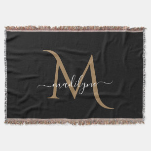 Elegant Black and Gold Monogram Script Name     Throw Blanket