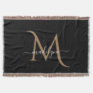 Elegant Black and Gold Monogram Script Name     Throw Blanket