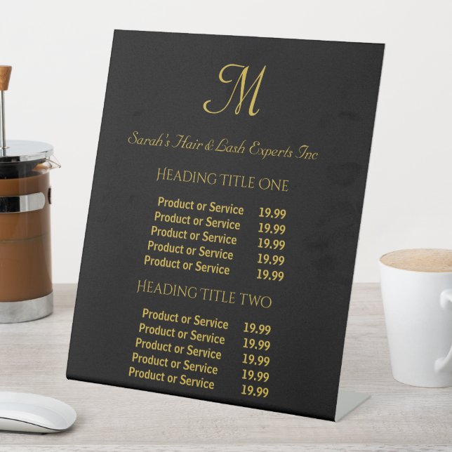 Elegant Black and Gold Monogram Script Salon Pedestal Sign (In SItu)