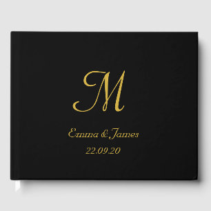Elegant Black and Gold Monogram Script Wedding  Guest Book