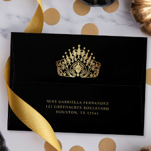 Elegant Black and Gold Monogram Tiara Crown Envelope