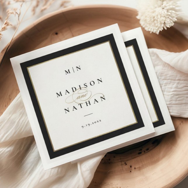 Elegant Black and Gold Monogram Wedding Napkin (Elegant black and gold wedding couples cocktail napkins.)