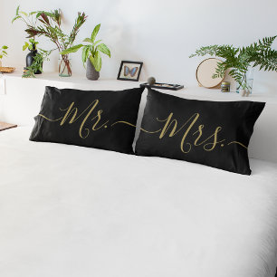 Elegant Black and Gold Mr. Mrs. Script Newlywed Pillowcase