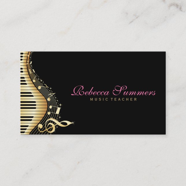 Elegant Black And Gold Music Notes Design Business Card (Front)