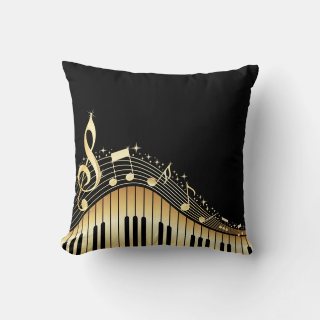 Elegant Black And Gold Music Notes Design Throw Pillow (Front)