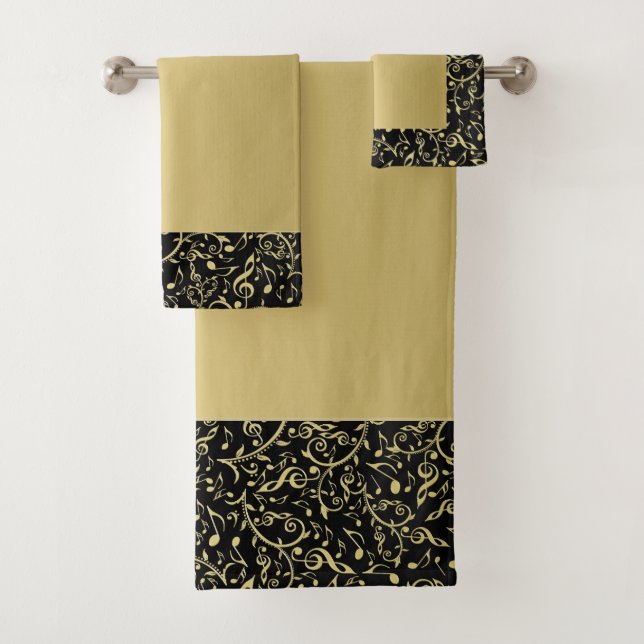 Elegant Black and Gold Music Notes Pattern Bath Towel Set (Insitu)