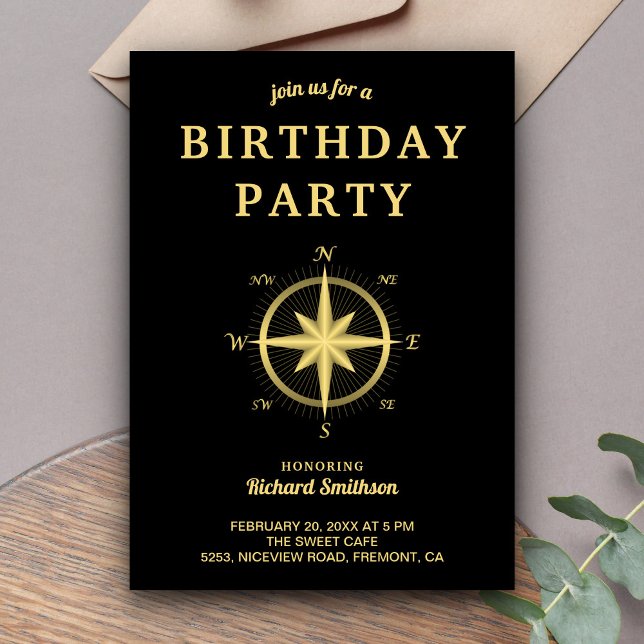 Elegant Black and Gold Nautical Compass Birthday Invitation (Creator Uploaded)