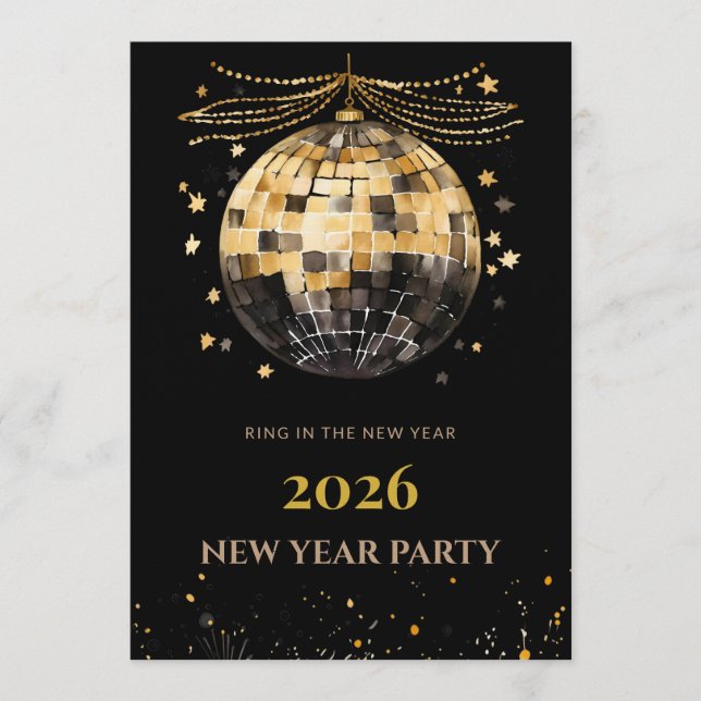 Elegant Black and Gold New Year Invitation Card (Devant)