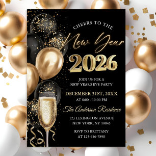 Elegant Black and Gold New Year's Eve Party Invitation