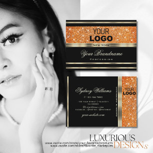 Elegant Black and Gold Orange Sparkle Glitter Logo Business Card