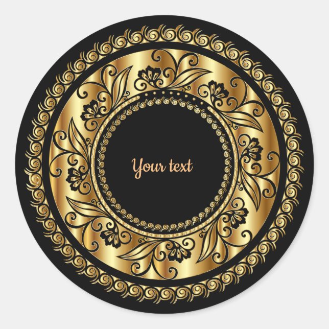 Elegant Black and Gold Ornate Template Classic Round Sticker (Front)