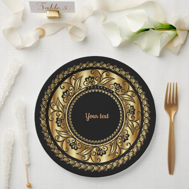 Elegant Black and Gold Ornate Template Paper Plate (Wedding)