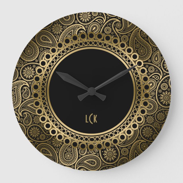 Elegant Black And Gold Paisley Ornate Frame Large Clock (Front)