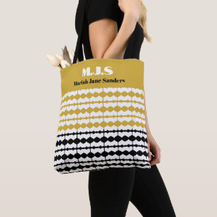 Elegant Black and Gold Pattern Initials and Name Tote Bag