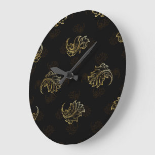 Elegant black and gold pattern with ornate large clock