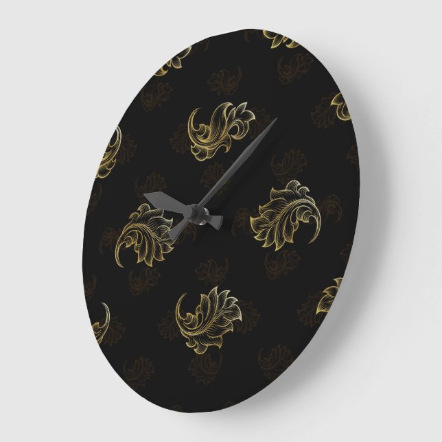 Elegant black and gold pattern with ornate large clock (Angle)