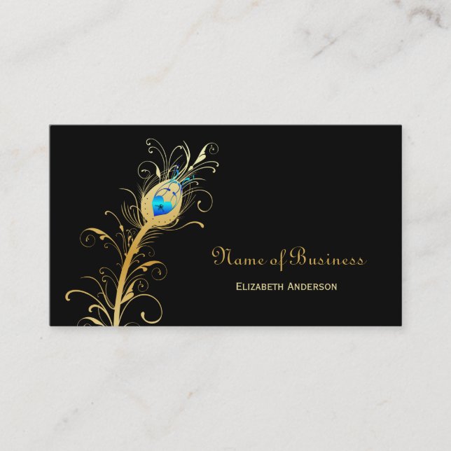 Elegant Black and Gold Peacock Feather Business Card (Front)