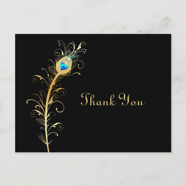 Elegant Black and Gold Peacock Feather Thank You Postcard (Front)