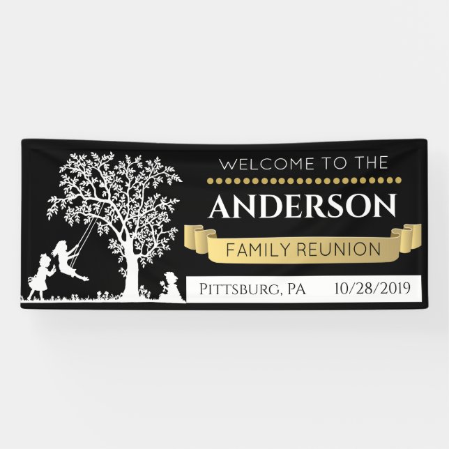 Elegant Black and Gold Personalized Family Reunion Banner (Horizontal)