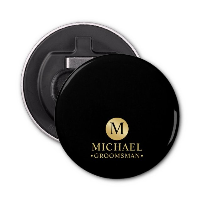Elegant Black and Gold Personalized Groomsmen Bottle Opener (Front)