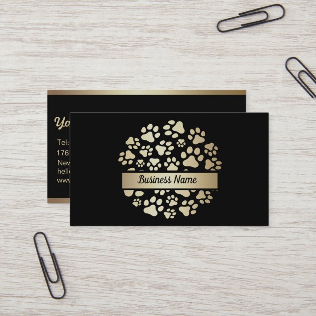 Elegant Black and Gold Pet Groomer Business Card (Front/Back In Situ)
