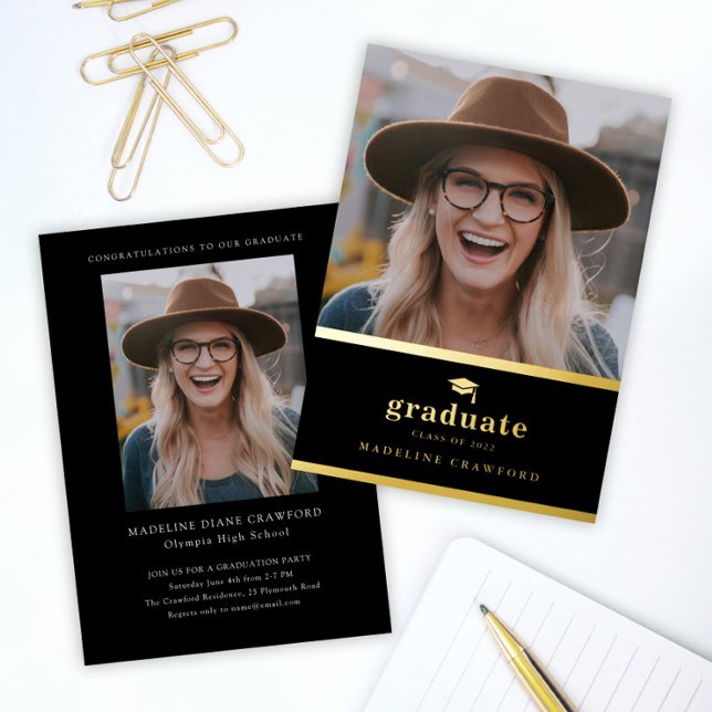 Elegant Black and Gold Photo Graduation (Simple gold and black 2 photo graduation foil announcement invitations.)