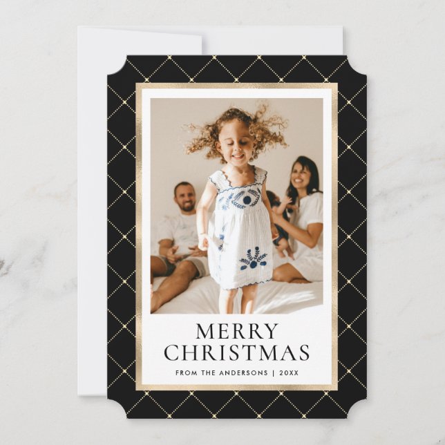 Elegant Black and Gold Photo Merry Christmas Card (Front)