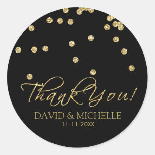 Elegant Black and Gold Polka-Dots Thank You! Classic Round Sticker
