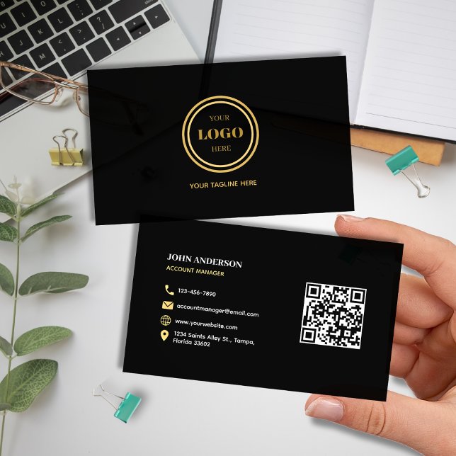 Elegant Black and Gold QR Code Modern Professional Business Card (Elegant Modern Black and Gold Scannable QR Code Professional Business Card Back-to-back Print & Logo)