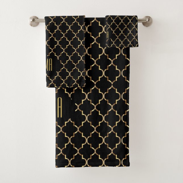 Elegant Black and Gold Quatrefoil Patterns Bath Towel Set (Insitu)