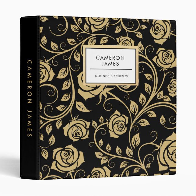 Elegant Black and Gold Rose Pattern in Retro Style Binder (Front/Spine)