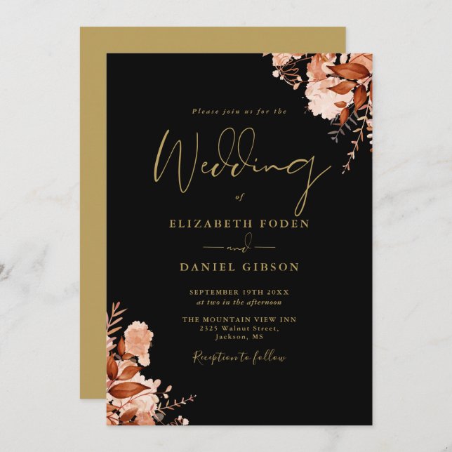 Elegant Black And Gold Rustic Floral Wedding Invitation (Front/Back)