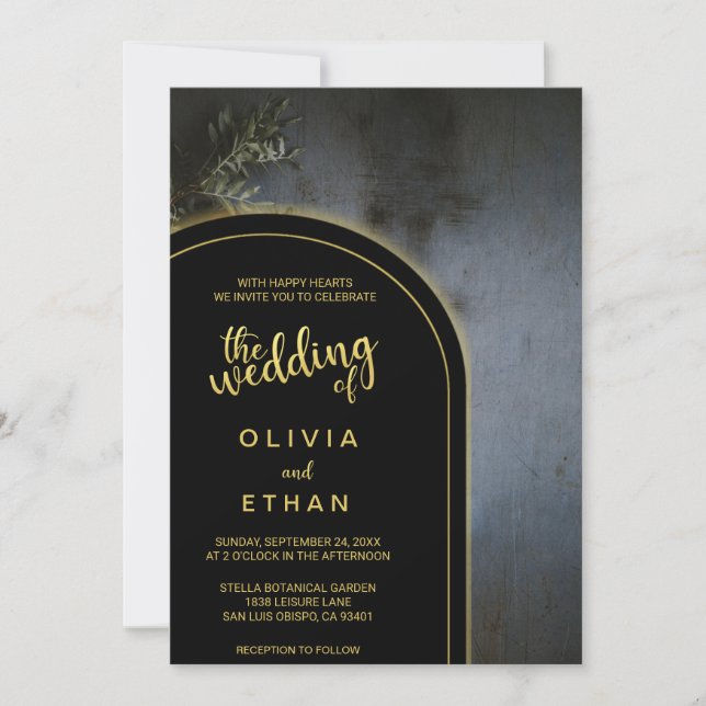 Elegant black and gold rustic Wedding Invitation (Front)
