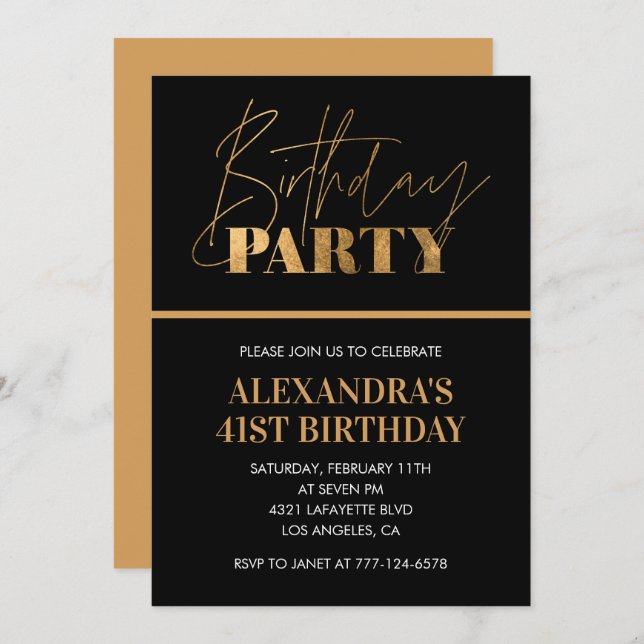 Elegant Black and Gold Script 41st birthday party Invitation (Front/Back)