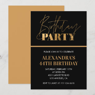 Elegant Black and Gold Script 44th birthday party Invitation