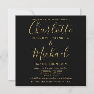 Elegant Black And Gold Script All In One Wedding Invitation