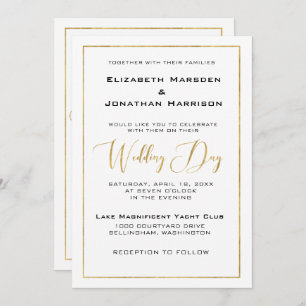 Elegant Black and Gold Script and Border Wedding Invitation