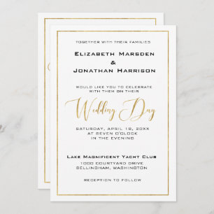 Elegant Black and Gold Script and Border Wedding Invitation