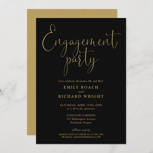 Elegant Black And Gold Script Engagement Party Invitation (Front/Back)