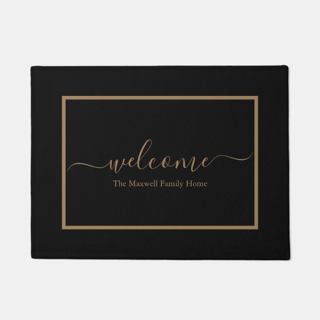 Elegant black and gold script family name welcome  doormat (Front)