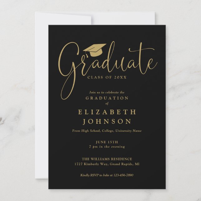 Elegant Black And Gold Script Graduation Party Invitation (Front)