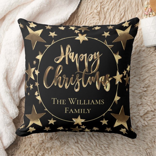 Elegant Black and Gold Script Happy Christmas Throw Pillow (Blanket)