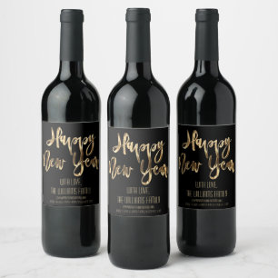 Elegant Black and Gold Script Happy New Year Wine Label
